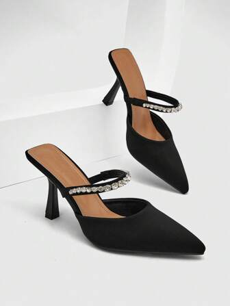 CUCCOO CHICEST Woman Shoes Rhinestone Decor Point Toe Pyramid Heeled Pumps Fashion Sexy Black Pumps For Summer Graduation Heels Prom Heels Vacation Shoes Summer Elegant Heels Back To School Shoes College Student Shoes Spring Shoes Spring Break Easter