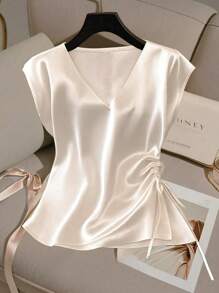 GlowEve Women's Plain Satin V-Neck Pleated Summer Elegant Blouse