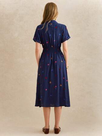 Écloséra Women's Elegant Lapel Short Sleeves Tie Contrast Color Embroidered Flowers Long French Holiday Dress Women's Summer Clothing Women's Summer Dress Female Holiday Wear