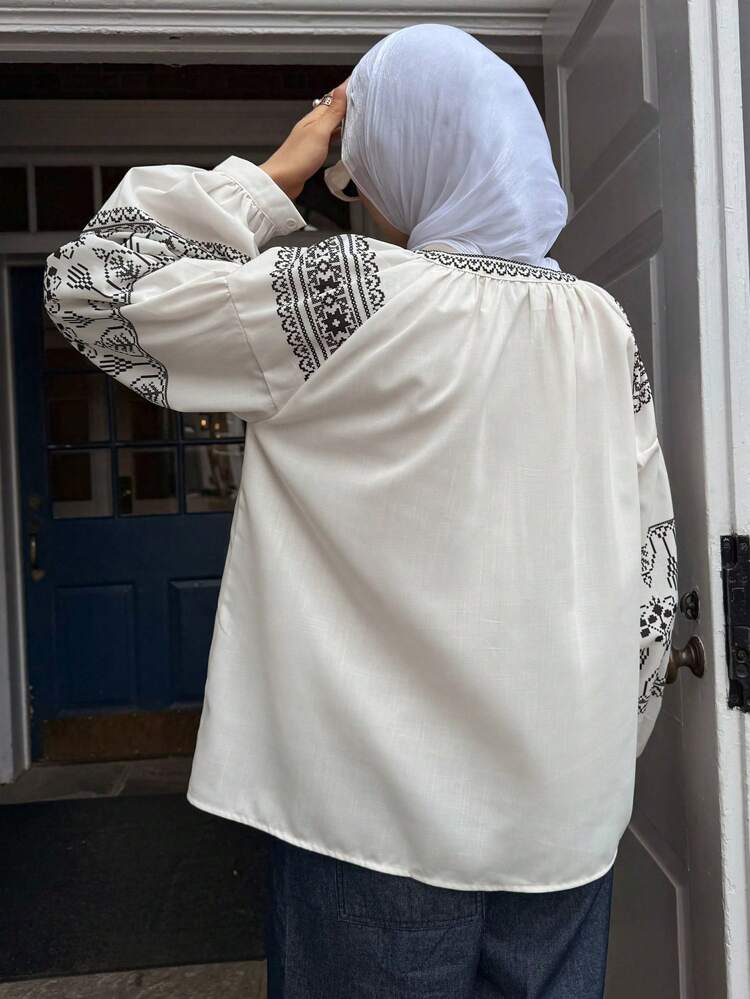 V-Neck Tie Lantern Sleeve Floral Pattern Casual Fashion Blouse, New Loose Fit Women Top Modest Fashion