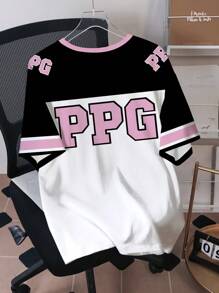 THE POWERPUFF GIRLS X SHEIN Oversized Short Sleeve Comfortable, Casual Cartoon Sports Street English Letter Striped Blossom, Bubbles, Buttercup Pattern Men''s T-Shirt