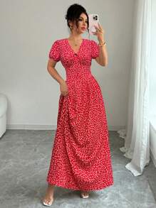 Elenzga Đầm dài tay bồng eo đàn hồi thanh lịch mùa hè cho nữ, Đầm maxi. Dành cho mùa xuân/hè, trang phục hòa nhạc cho nữ, thanh lịch phù hợp để đi làm hàng ngày, lễ hội âm nhạc, trang phục ngày lễ - Đỏ - Xem 5