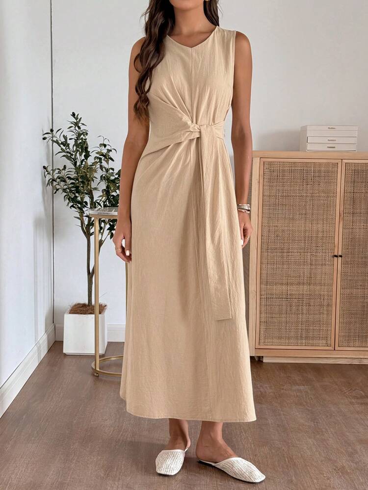 Women's Solid Color Round Neck Waist Tie Sleeveless Dress, Country Outfits Women Going Out Outfits Country Outfits Women
