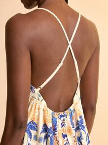 CAJUNI Sommerliches Lässig Kleid mit V-Ausschnitt und Spaghettiträgern, kurzes Mini-Kleid mit Muster für Frauen, Sommer