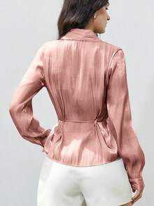 Aveloria Modichic 新款时尚优雅简约女式衬衫，采用闪亮缎带腰带设计，翻领，长袖，美观 - 粉色 - 查看 3