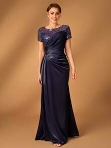 Serin 优雅奢华珍珠亮片装饰缎面褶饰鱼尾下摆裙，适合婚礼、活动、派对、蜜月、庆典、新娘母亲场合 - 藏蓝色 - 查看 4