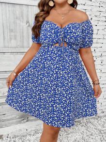 Breezaya Vestito casual con stampa floreale piccola, scollo alla spalla, lavorazione traforata, adatto per taglie comode, per vacanze