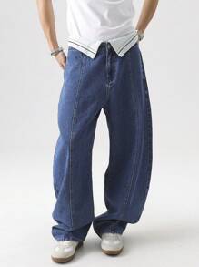 Chillumni Men's Pocketed Straight Loose Casual Versatile Denim Baggy Wide Leg Jeans - Medium Wash - View 1