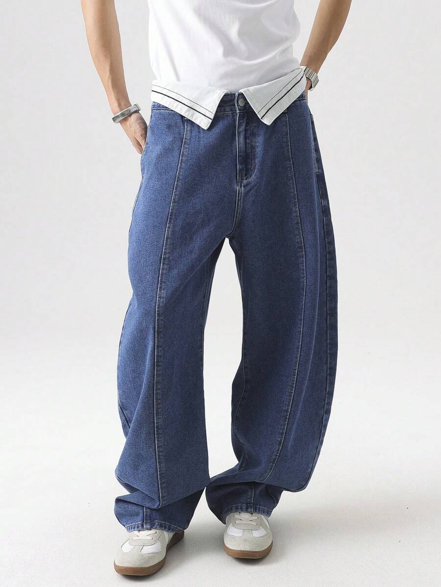 Chillumni Men's Pocketed Straight Loose Casual Versatile Denim Baggy Wide Leg Jeans - Medium Wash - View 1