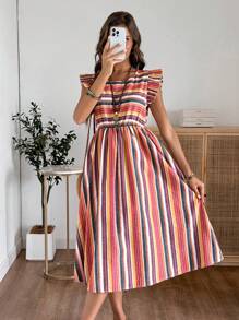 EMERY ROSE Women Summer Stripe Round Neck Cap Sleeve Casual Long Dress - Multicolor - View 7