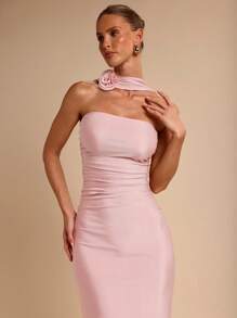 COSMINA Elegant Women 3D Floral Ruched Mid-Length Dress Bandage Dress, Vacation Style, Spring/Summer - Pink - View 4