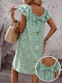 SHEIN LUNE 女士碎花印花方领荷叶边袖休闲连衣裙，适合夏季度假 - 彩色 - 查看 1