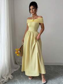 Modelyn 女士黄色细肩带露背 3D 花卉装饰连衣裙 - 黃色 - 查看 7