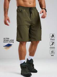 Acti Log Pantaloni scurți sport casual pentru bărbați, culoare solidă, cu talie cu șnur, vară - Verde Armată - Vizualizare 1