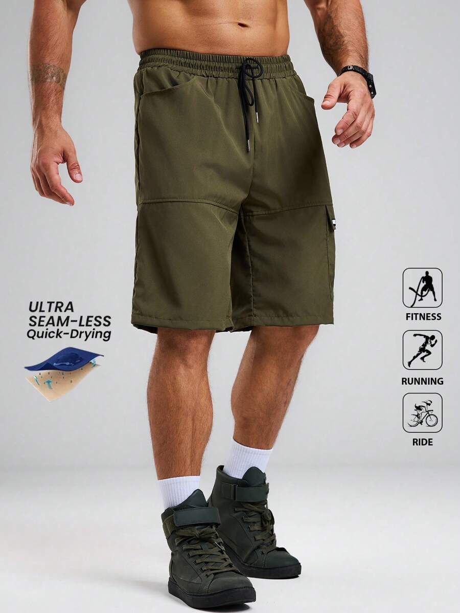 Acti Log Pantaloni scurți sport casual pentru bărbați, culoare solidă, cu talie cu șnur, vară - Verde Armată - Vizualizare 1