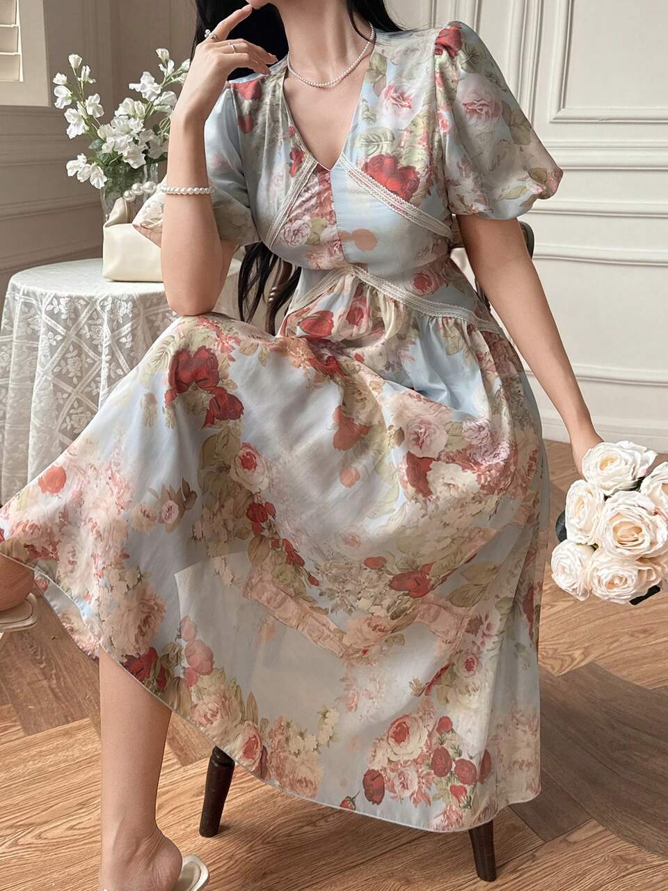 Floral Romantic French V-Neck Waist Gathered Petite Flattering Dress Boho Vacation Outfits Women