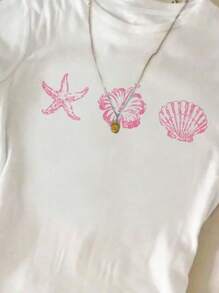 SHEIN Camiseta de manga corta, cuello redondo, ajuste ceñido, con estampado de estrella de mar y concha, estilo minimalista casual, adecuada para adolescentes, verano y estilo relajado