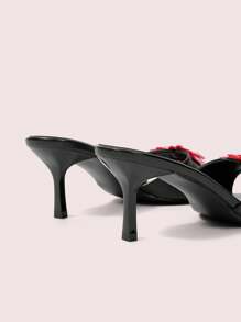 CUCCOO DOLLMOD Black PU + Red & White Plaid Bow Cherry Detail Stylish Cute Slip-On Closed Toe High Heel Sandals