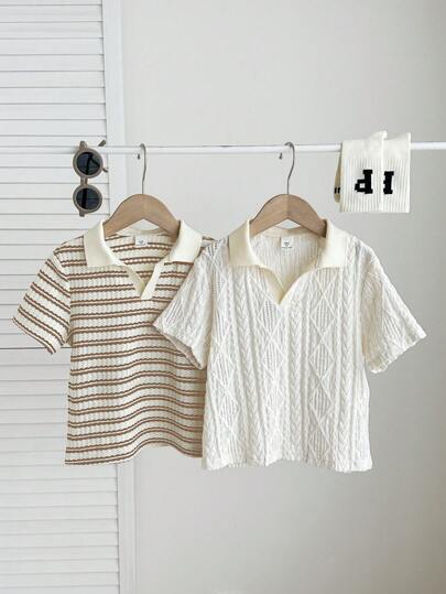 SHEIN 2 件套年轻男孩可爱休闲夏季条纹短袖 Polo 衫套装，适合生日派对、庆典、表演、婚礼、洗礼和学校/度假