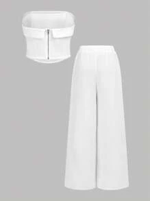 SHEIN Conjunto de 2 piezas de top de tirantes de color liso y pantalón largo informal para niñas preadolescentes