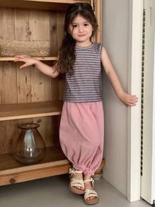DAZY 2Pcs/Set Young Girls Round Neck Sleeveless Striped T-Shirt + Wide Leg Culottes, Outfit,Girls Summer Outfits - Mauve Purple - View 6