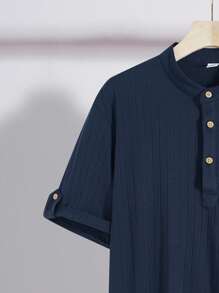 SHEIN 2pcs/Set Teen Boys Casual All-Match Solid Color Henley Collar Half Placket Short Sleeve Polo Shirt And Shorts Set