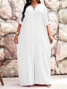 SHEIN Lady 秋冬工作绿色缺口蝙蝠袖长袍连衣裙加大码连衣裙度假装女士沙滩装女士海滩度假沙滩裙婚礼宾客礼服女士商务休闲女士舞会礼服 - 白色 - 查看 5