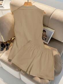 Franclia 女士高端时尚翻领无袖背心和短裤两件套 - 卡其色 - 查看 2