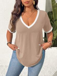 SHEIN Frenchy Plus Size Casual Colorblock Patchwork Short Sleeve T-Shirt, Summer - Khaki - View 4