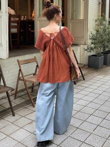 FRIFUL Shirred Drawstring Tie-Front Pleated Mid-Length Casual Versatile Button-Down Blouse For Women, Beach Vacation