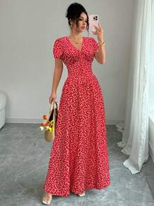 Elenzga Đầm dài tay bồng eo đàn hồi thanh lịch mùa hè cho nữ, Đầm maxi. Dành cho mùa xuân/hè, trang phục hòa nhạc cho nữ, thanh lịch phù hợp để đi làm hàng ngày, lễ hội âm nhạc, trang phục ngày lễ - Đỏ - Xem 3