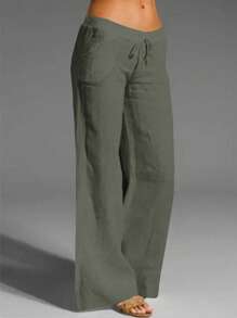SHEIN Tall Pantalones largos informales estilo francés de aspecto de lino para mujeres - Verde militar - Ver 1