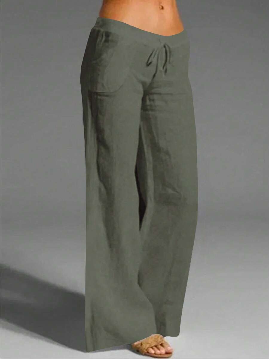 SHEIN Tall Pantalones largos informales estilo francés de aspecto de lino para mujeres - Verde militar - Ver 1