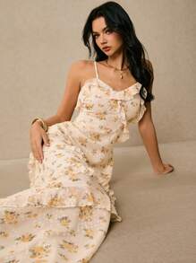 Poéselle Women's Vacation Floral Print Ruffle Trim Elegant Slip Dress - Apricot - View 7