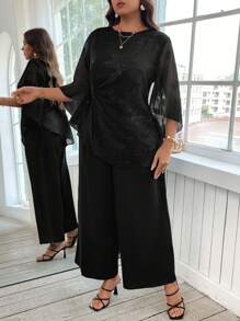 SHEIN Clasi 2 szt. Plus Size Elegancki Jednokolorowy Zestaw Koszula I Spodnie Żakardowe - Czarne - Zobacz 5