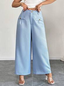 SHEIN PETITE Pantalones rectos de pierna ancha de tela texturizada para mujer de talla grande, aptos para uso diario, oficina, reuniones familiares, pantalones de mujer para otoño/invierno, pantalones de primavera, pantalones de mujer, Bottom, estilo casual minimalista, chic retro, elegancia romántica, Día de San Valentín, temporada de graduación