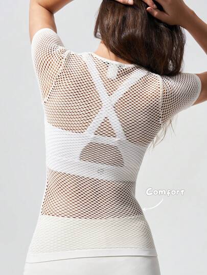 Menodora SHEIN Sport Áo choàng lưới cổ tròn tay ngắn màu trơn cho nữ, mùa hè