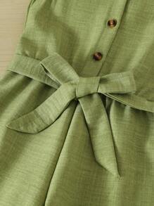 Genkimix Kids 女孩休闲度假百搭领扣腰带柔软褶皱牛仔连体裤，适合秋季、野餐、郊游、搭配服装和日常穿着 - 綠色 - 查看 5