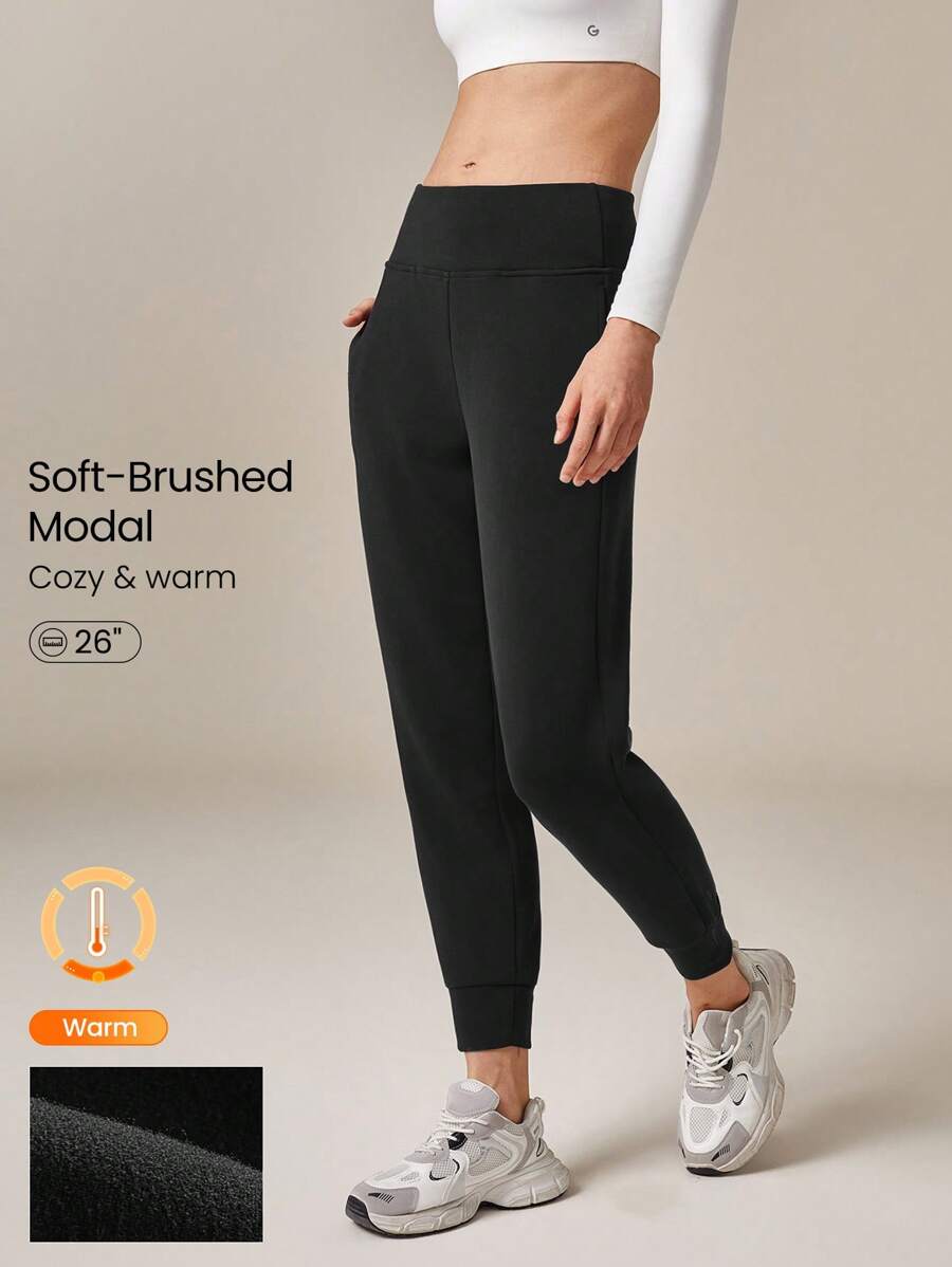 GLOWMODE Modal Fleece Regular Fit High Waist Adjustable Drawstring Waist Joggers With Side Pockets Daily Casual Autumn Winter - Black - View 1