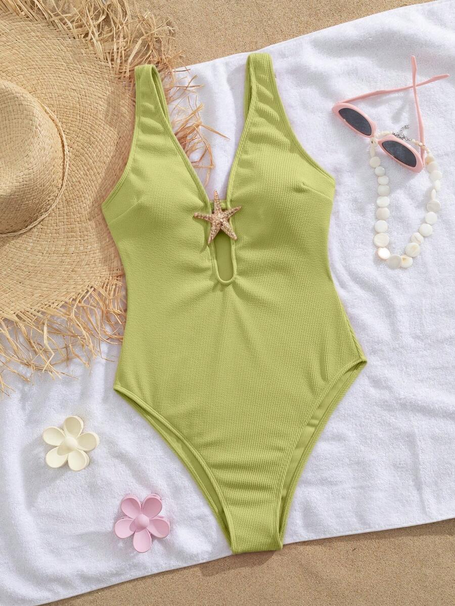 Swim Mod Women's New One-Piece Swimsuit With Cutout Crossed Design, Metallic Starfish Decor, Tummy Control, Monokini For Summer Beach Vacation - Olive Green - View 1