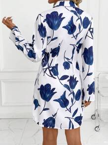 SHEIN Clasi Women's New Floral Print Collared Long Sleeve Short Dress, Versatile For Commute, Daily Wear, Outing - Blue & White Teacher Outfits For Women Dresses For Women Summer Dresses For Women Teacher Outfits For Women  Fall Women Clothes Country Outfits Women Fall Women Clothes Back To School  Old Money Style Women