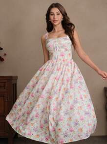 SHEIN Unity Vacation,Dating&Party Dress, Ditsy Floral Embroidery&Print Design,Adjustable Spaghetti Strap,Lace Trim Back Tie,Waist Tie,Layered Ruffle Hem,Mid-Calf Length,Spring & Summer - Mauve Purple - View 4