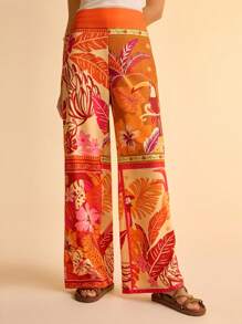 CAJUNI Women's Boho Tropical Coconut Tree, Parrot, Tropical Floral Orange Print, 4-Grid Square Scarf, Casual Beach Wide Leg Pants, Summer - Multicolor - View 7