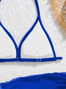 SHEIN 3pcs Girls Black Series Swimsuit Set, Beach Holiday Party, Spring/Summer Bathing Suit Set Two Pieces Set - Blue - View 4