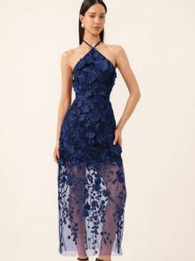 Aveloria Rosie 全新优雅法式时尚简约花卉 3D 面料露背修身连衣裙，精致优雅，适合婚礼和约会 - 藏蓝色 - 查看 2