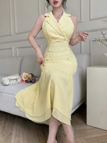 Modelyn Elegant Blazer Collar Double-Breasted Chiffon Patchwork Jacquard Yellow Dress - Yellow - View 2