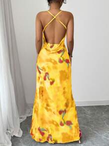 Elenzga 前褶领印花女式长款吊带裙 - 黃色 - 查看 2