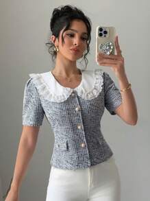 DAZY 女式蕾丝领短袖修身衬衫，夏季 - 黑與白 - 查看 5