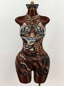 Amplova Combinaison sans manches vintage à imprimé tigre en tulle pour femmes