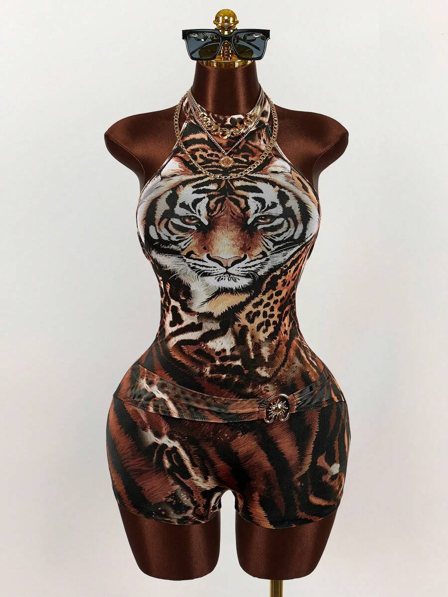 Amplova Combinaison sans manches vintage à imprimé tigre en tulle pour femmes